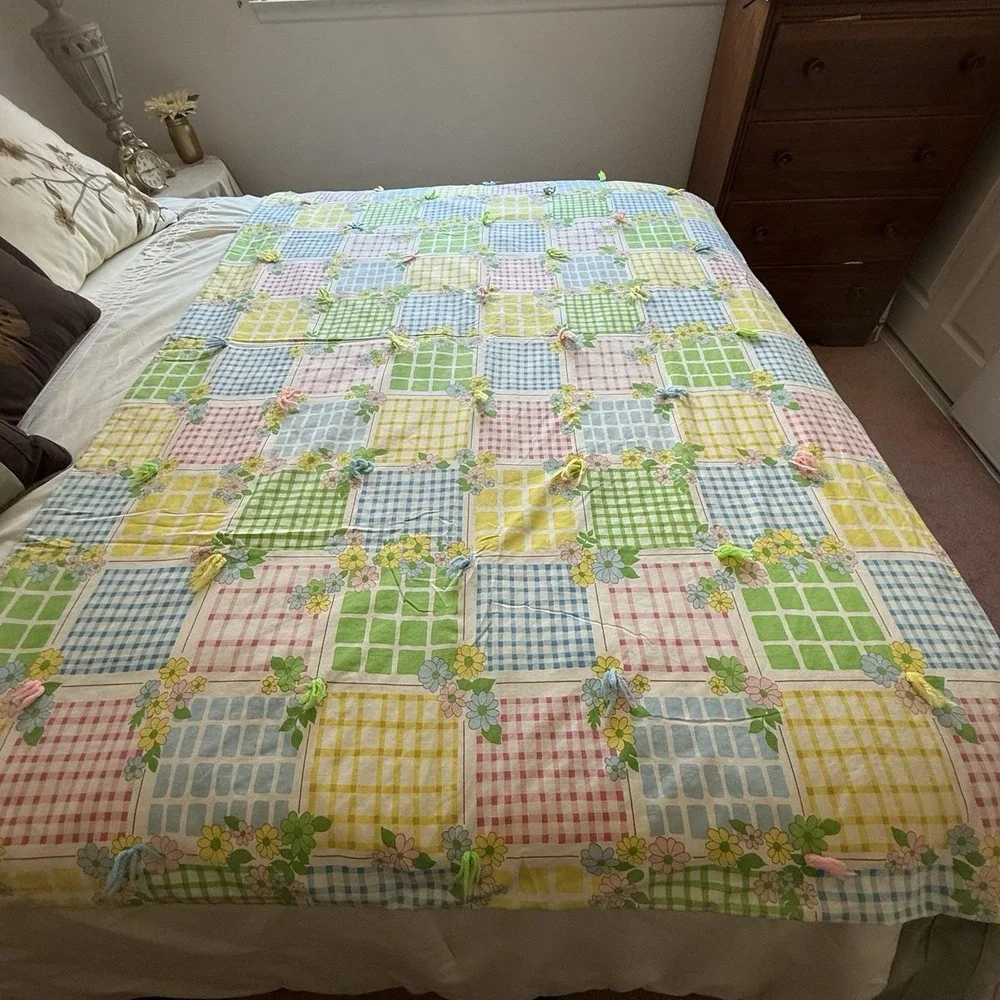 Vintage Quilt Blanket 65x45 Floral Gingham Patchwork Tied Pastel Nursery Retro
